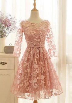 A-Line Crew Knee-Length 3/4 Sleeves Open Back Lace-Up Pink Lace Homecoming Dress