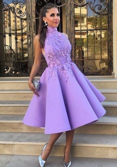 A-Line High Neck Tea-Length Sleeveless Purple Satin Homecoming Dress with Appliques