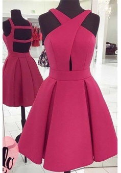 A-Line Halter Above-Knee Keyhole Open Back Fuchsia Satin Homecoming Dress