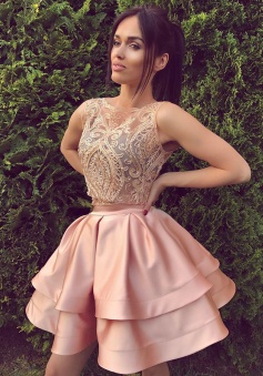 A-Line Crew Above-Knee Sleeveless Pink Satin Homecoming Dress with Appliques
