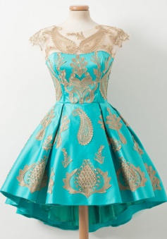 A-Line Crew Above-Knee Cap Sleeves High Low Turquoise Satin Homecoming Dress with Appliques