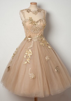 A-Line Jewel Tea-Length Open Back Champagne Tulle Homecoming Dress with Appliques