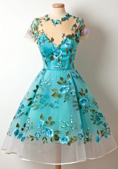 A-Line Jewel Tea-Length Short Sleeves Blue Organza Homecoming Dress with Embroidery Appliques