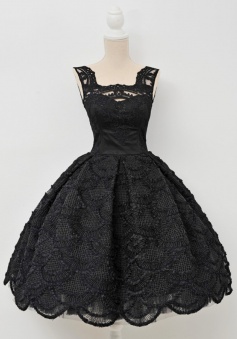 A-Line Square Knee-Length Sleeveless Open Back Black Lace Homecoming Dress