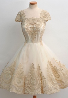 A-Line Square Knee-Length Cap Sleeves Champagne Tulle Homecoming Dress with Appliques