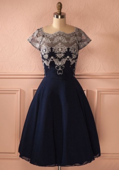 A-Line Square Tea-Length Short Sleeves Black Chiffon Homecoming Dress with Appliques