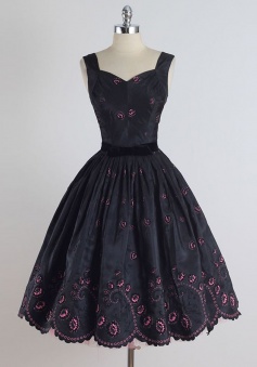 A-Line Square Tea-Length Sleeveless Black Stretch Satin Homecoming Dress with Embroidery