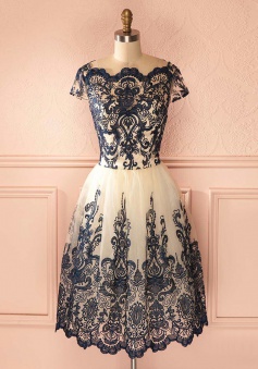 A-Line Bateau Tea-Length Cap Sleeves Ivory Tulle Homecoming Dress with Black Appliques