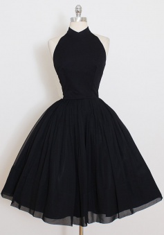 A-Line High Neck Knee-Length Sleeveless Black Chiffon Homecoming Dress