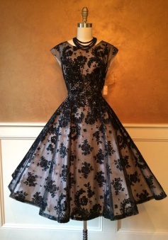 A-Line Crew Tea-Length Cap Sleeves Black Lace Homecoming Dress