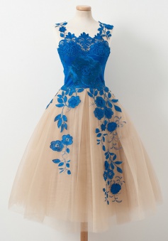 A-Line Scoop Knee-Length Champagne Tulle Homecoming Dress with Royal Blue Appliques