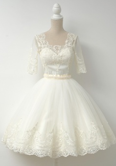 A-Line Square Knee-Length Half Sleeves Ivory Tulle Homecoming Dress with Beading