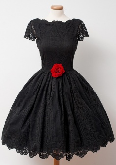 A-Line Crew Knee-Length Cap Sleeves Backless Black Lace Homecoming Dress with Flower