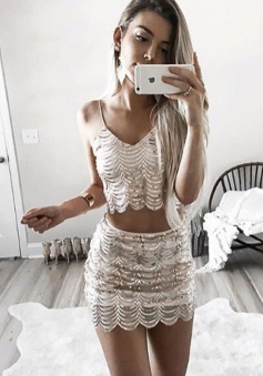Two Piece Spaghetti Straps Short Champagne Sequined Homecoming Dress
