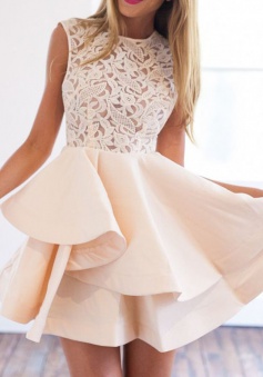 A-Line Crew Short Sleeveless Champagne Homecoming Dress with Lace