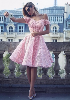 A-Line Off-the-Shoulder Knee-Length Pink Lace Homecoming Dress with Appliques