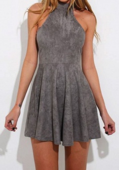 A-Line High Neck Criss-Cross Straps Sleeveless Grey Suede Homecoming Dress