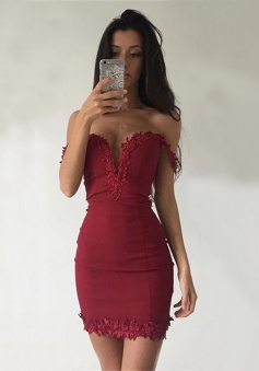 Sheath Off-the-Shoulder Sleeveless Short Dark Red Homecoming Dress with Appliques