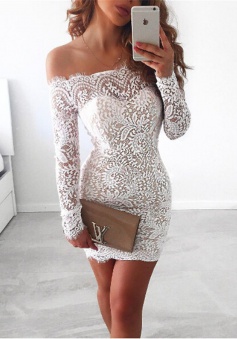 Sheath Off-the-Shoulder Long Sleeves Short Ivory Lace Homecoming Dress
