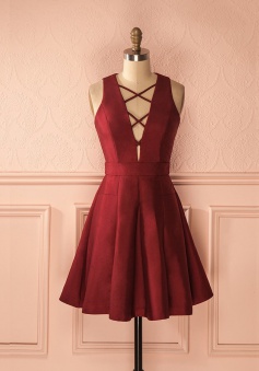 A-Line Deep V-Neck Sleeveless Lace-up Burgundy Satin Homecoming Dress