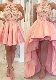 A-Line High Neck Sleeveless Short Pink Satin Homecoming Dress with Lace