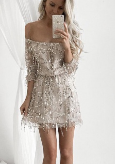 A-Line Off Shoulder Long Sleeves Light Champagne Sequined Homecoming Dress