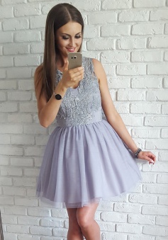 A-Line V-Neck Short Light Lavender Tulle Homecoming Dress with Appliques
