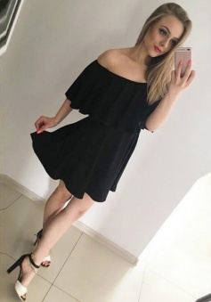 A-Line Off-the-Shoulder Satin Chiffon Little Black Dress with Ruffle