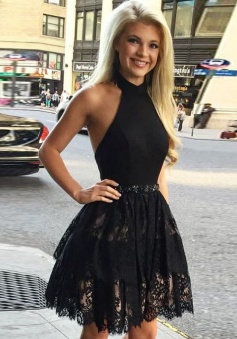 A-Line Halter Backless Short Black Satin Homecoming Dress with Beading Lace