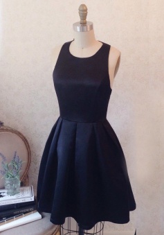 A-Line Jewel Round Neck Navy Blue Pleated Satin Homecoming Dress with Bowknot