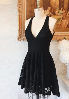 High Low V-Neck Criss-Cross Straps Lace Little Black Dress