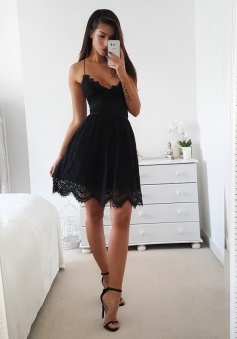 A-Line Spaghetti Straps Lace-up Short Lace Little Black Dress