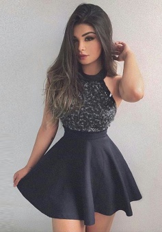 A-Line Halter Backless Satin Sequined Little Black Dress