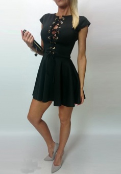 A-Line Jewe Cap Sleeves Lace-up Front Little Black Dress