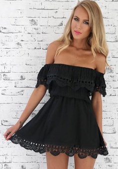 A-Line Off-the-Shoulder Polyester Little Black Dress with Lace Ruffle
