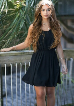 A-Line Scoop Chiffon Little Black Dress with Lace