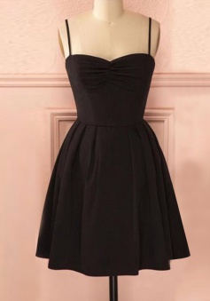 A-Line Spaghetti Straps Satin Little Black Dress with Lace