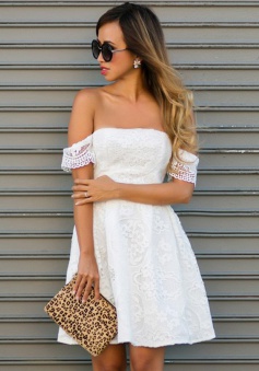 A-Line Off-the-Shoulder White Lace Homecoming Dress