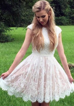 A-Line Bateau Cap Sleeves Short Ivory Lace Homecoming Dress with Pearls