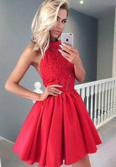 A-Line Halter Sleeveless Short Red Satin Homecoming Dress with Lace Beading