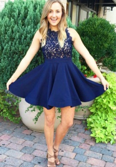 A-Line Scalloped-Edge Dark Blue Satin Homecoming Dress with Lace