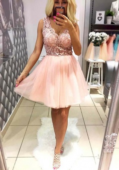 A-Line V-Neck Short Pink Tulle Homecoming Dress with Lace
