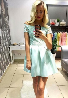 A-Line Off-the-Shoulder Short Mint Green Homecoming Dress with Lace Pockets