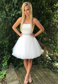 A-Line Strapless Short White Tulle Homecoming Dress with Beading