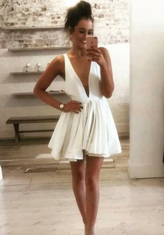 A-Line Deep V-Neck Backless Short White Satin Homecoming Dress