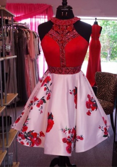 A-Line Jewel Short Pink Floral Satin Homecoming Dress with Beading