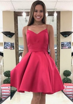 A-Line Open Back Short Red Satin Homecoming Dress with Bowknot Pockets