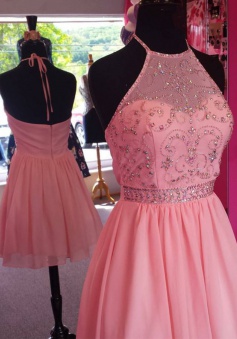 A-Line Halter Sleeveless Short Pink Chiffon Homecoming Dress with Beading