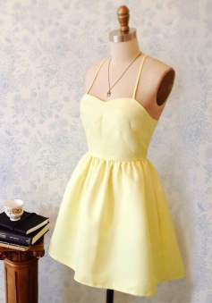 A-Line Spaghetti Straps Short Light-Yellow Satin Homecoming Dress