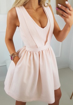 A-Line V-Neck Short Pearl Pink Satin Homecoming Dress with Pockets Cut Out